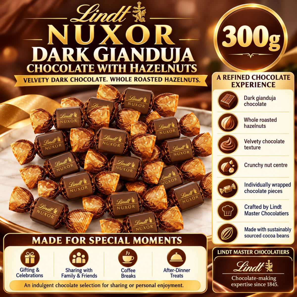 Lindt NUXOR dark chocolate box with whole roasted hazelnuts
