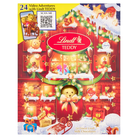 Lindt TEDDY AR Advent Calendar 250g with milk chocolates, truffles, and gold reindeer