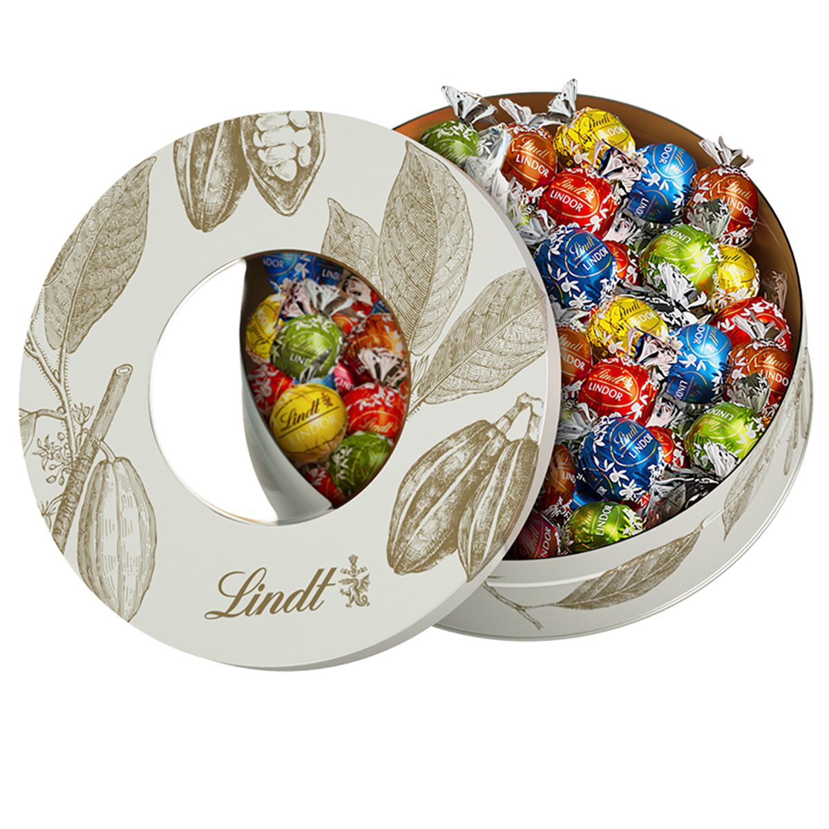 Assorted Lindt white chocolates in cocoa pod shaped tin 450g