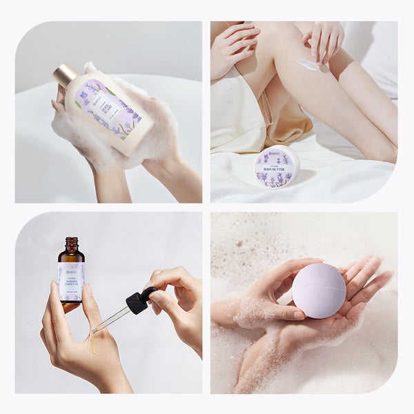 Complete lavender bath gift set including bath bomb body scrub towel and pouf