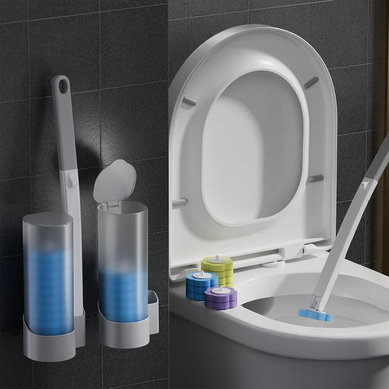 Long handle toilet cleaning brush with replaceable heads