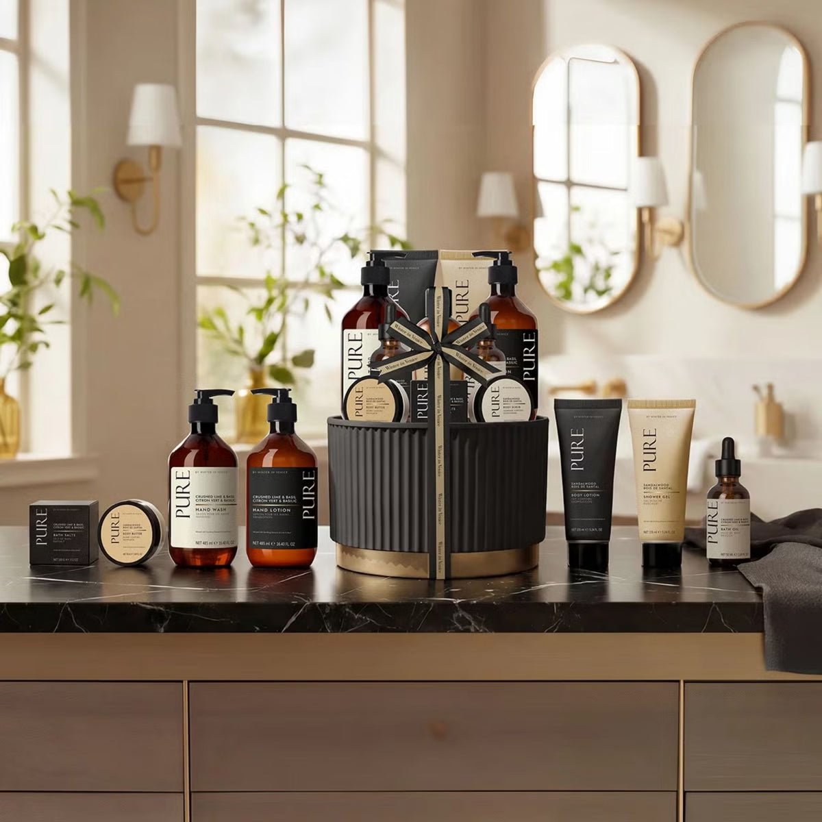 Eleven-piece body care gift set in black planter pot