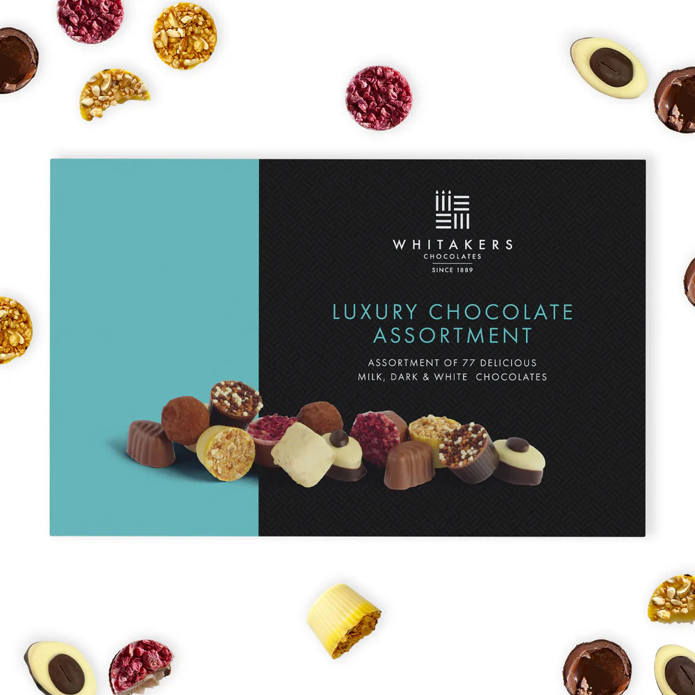 77 luxury chocolates in milk, white, and dark chocolate varieties