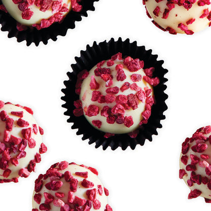 77 handmade white chocolate truffles with raspberry ganache