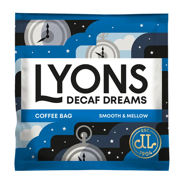 Lyons Decaf Dreams smooth decaf coffee bags for home or office