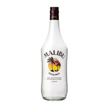 1L bottle of Malibu Coconut Liqueur with tropical design