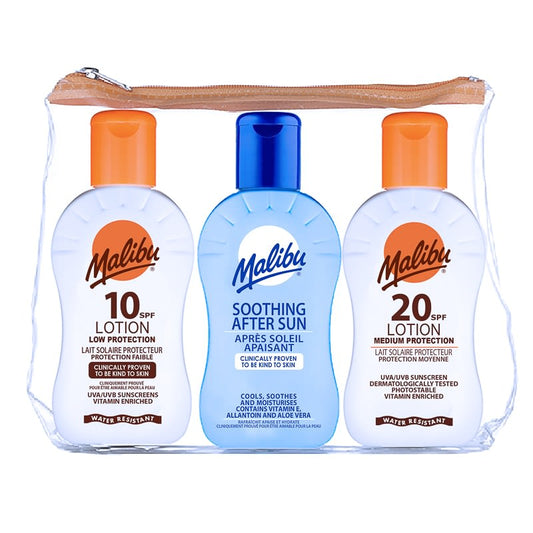 Malibu Sun travel sunscreen set SPF10 SPF20 after sun
