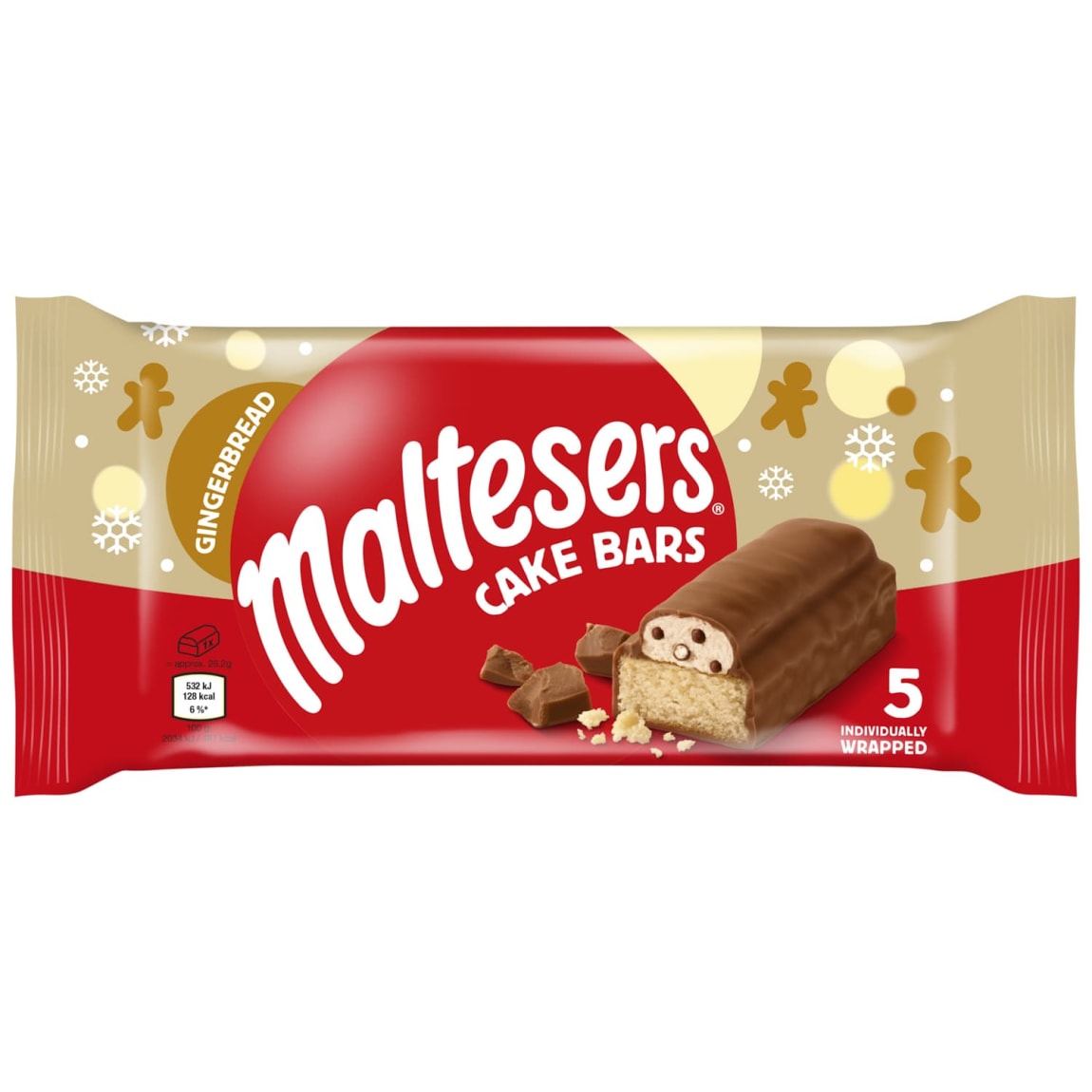 Individually wrapped gingerbread cake bars with Maltesers crunch for Christmas