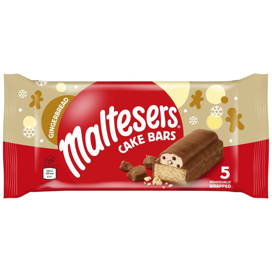Individually wrapped gingerbread cake bars with Maltesers crunch for Christmas