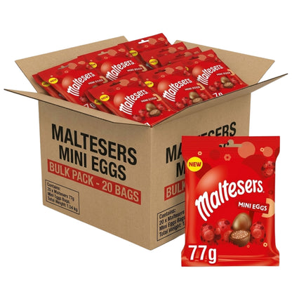 Maltesers mini milk chocolate eggs 77g bags pack of 20