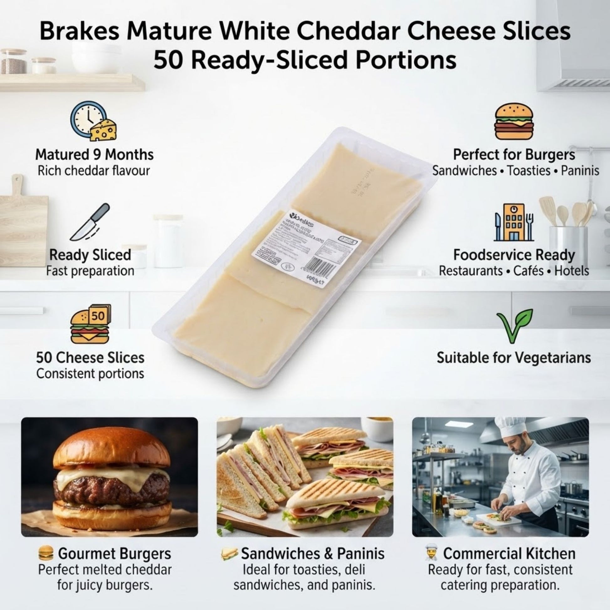Mature white cheddar slices for catering