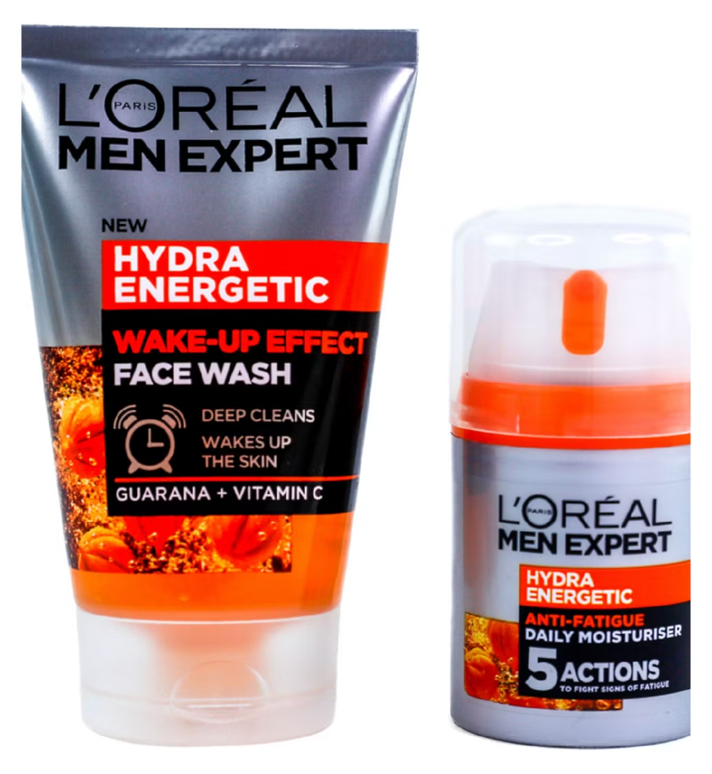 Mens face wash and moisturiser skincare routine set