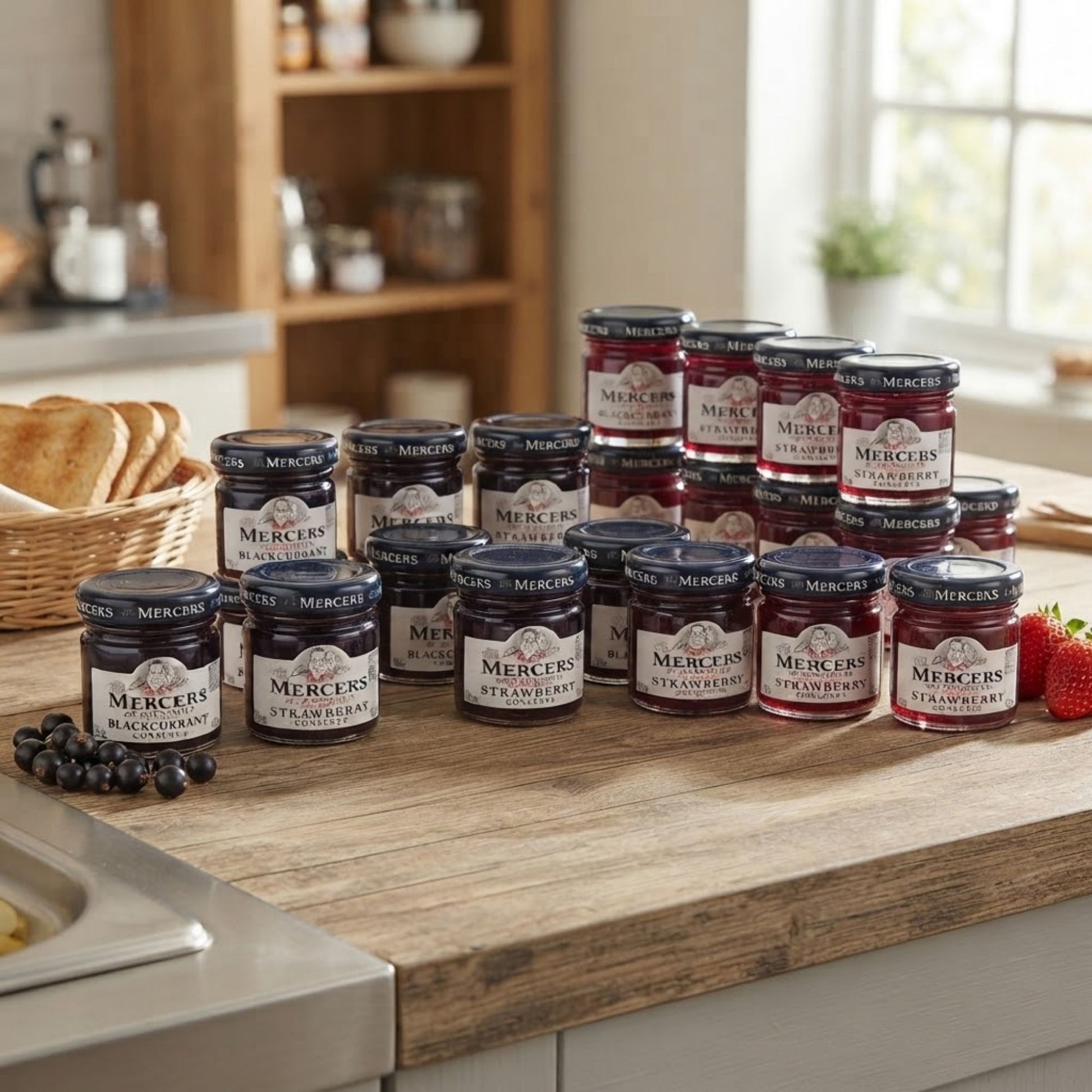 Individual blackcurrant and strawberry jam portions