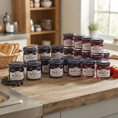 Individual blackcurrant and strawberry jam portions