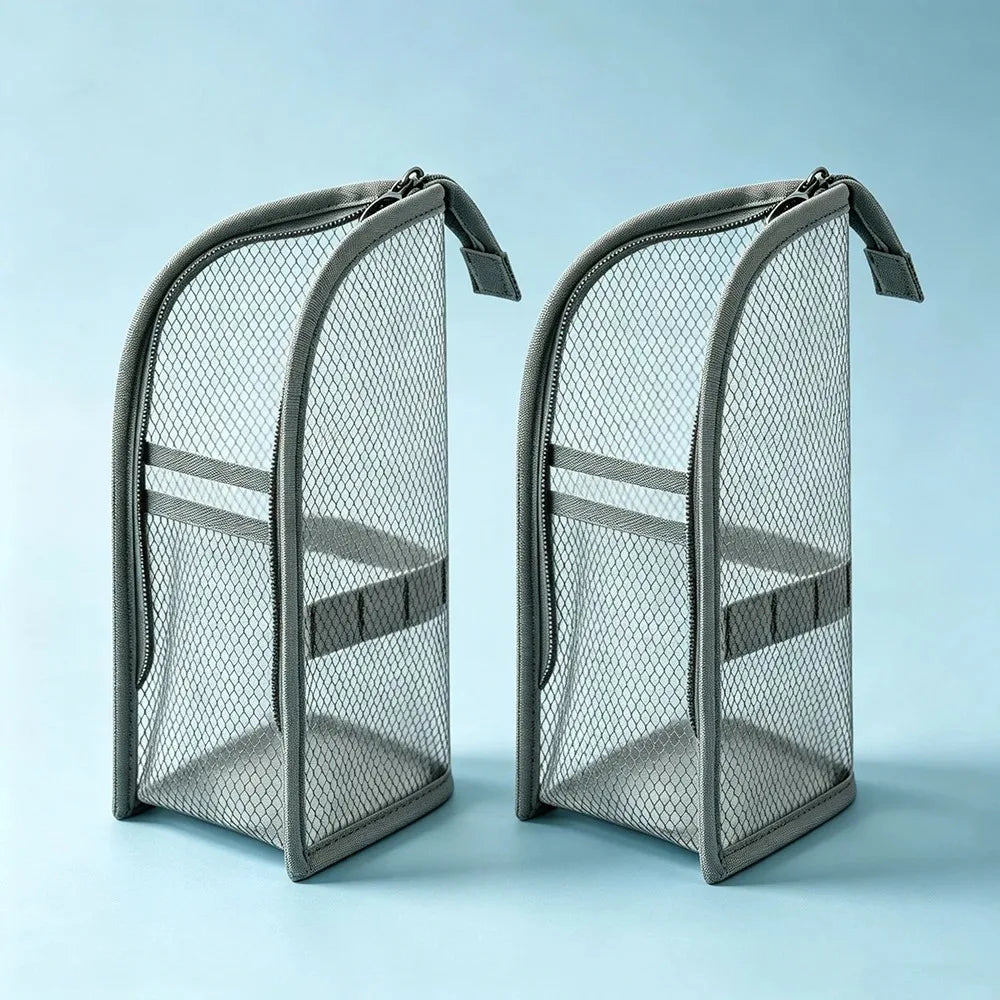 Mesh cosmetic and toothbrush organiser for overnight travel