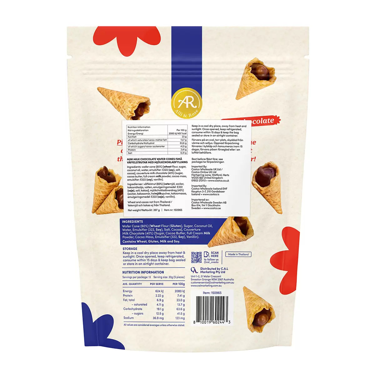 Crispy wafer cones filled with smooth milk chocolate