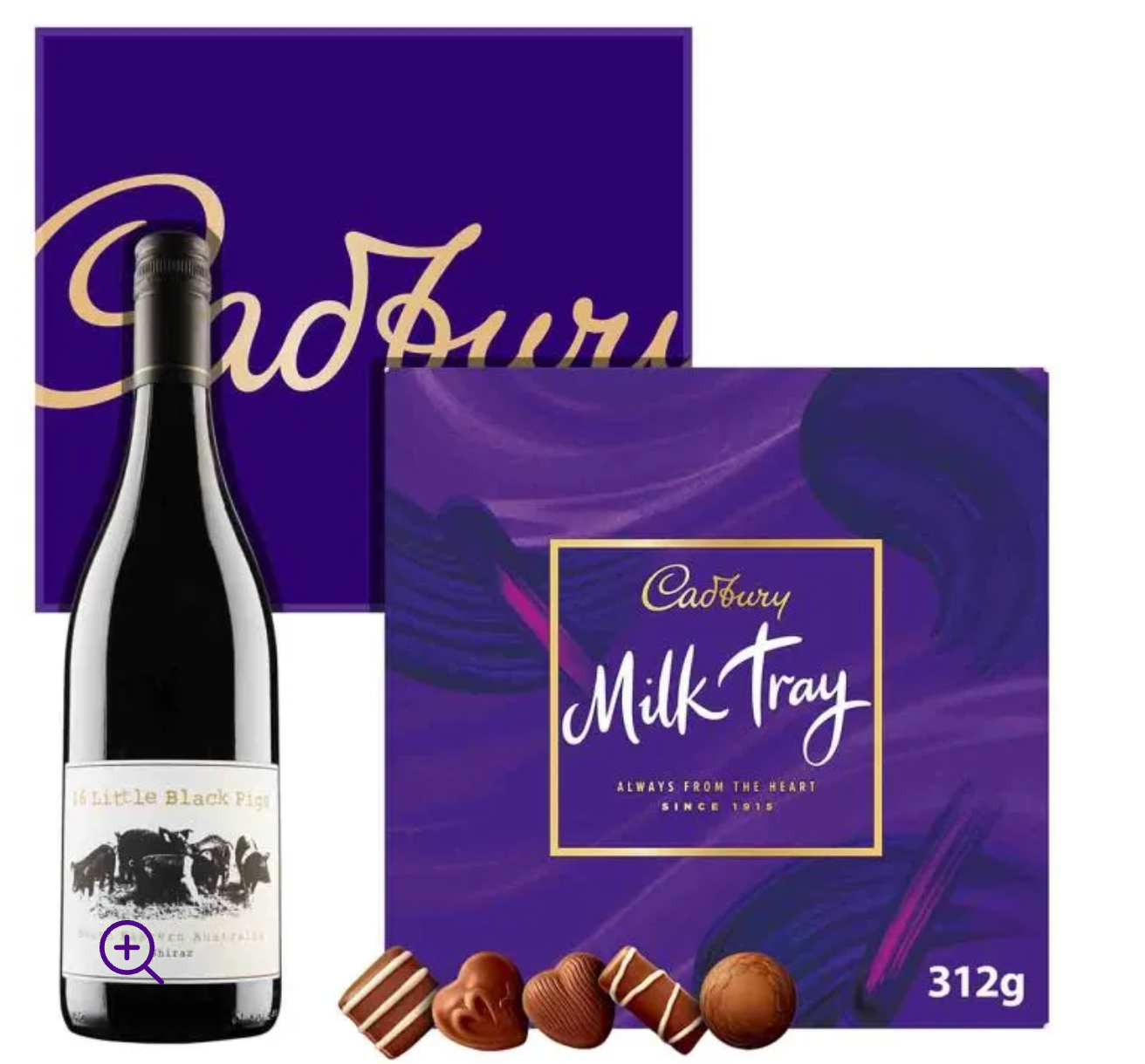 Cadbury chocolate and 16 Little Black Pigs Shiraz Cabernet
