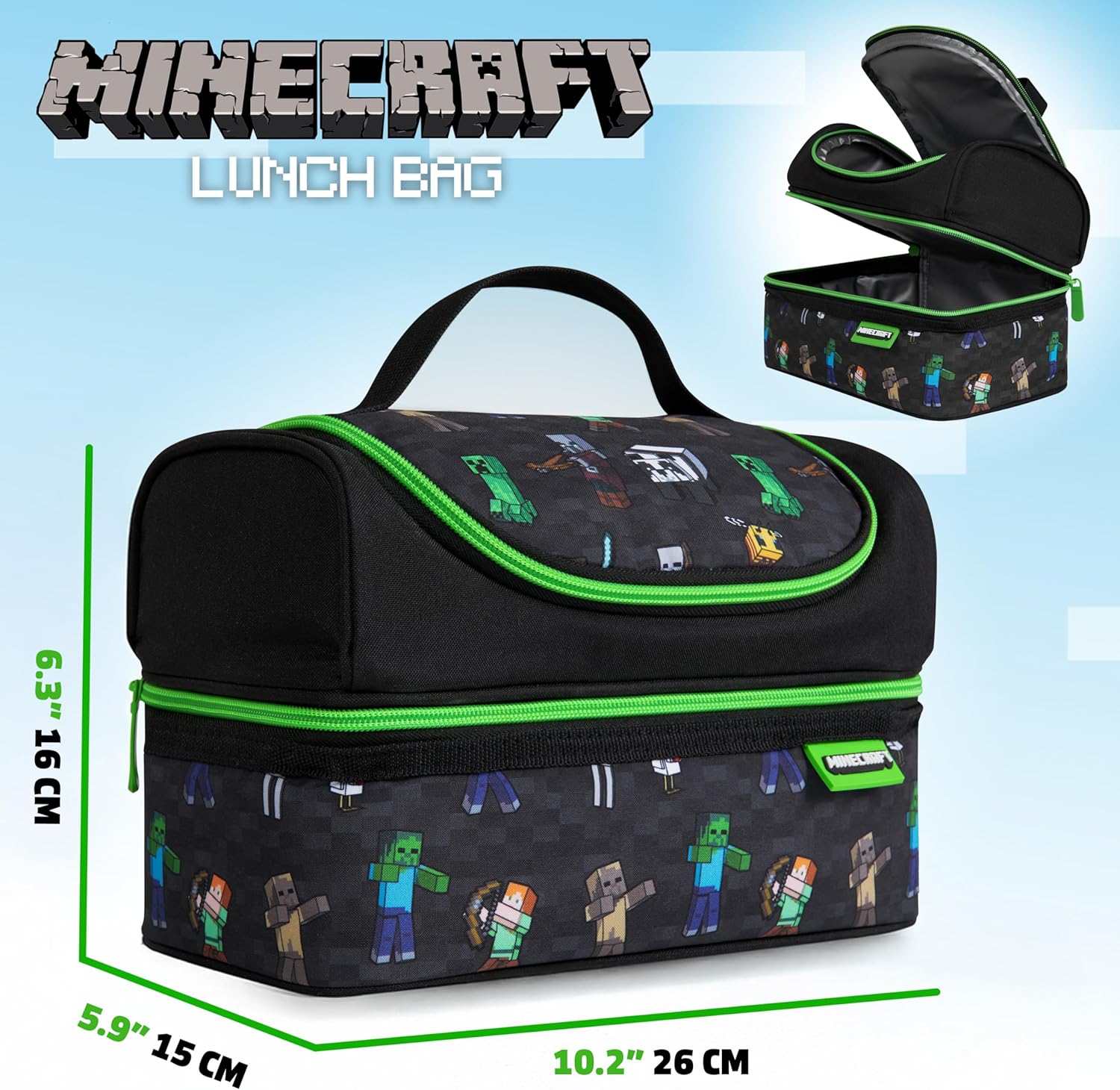 Black and green Minecraft lunch bag for school
