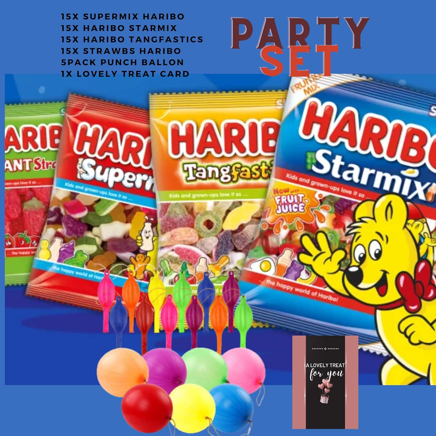 Mini Haribo sweets party box with punch balloons