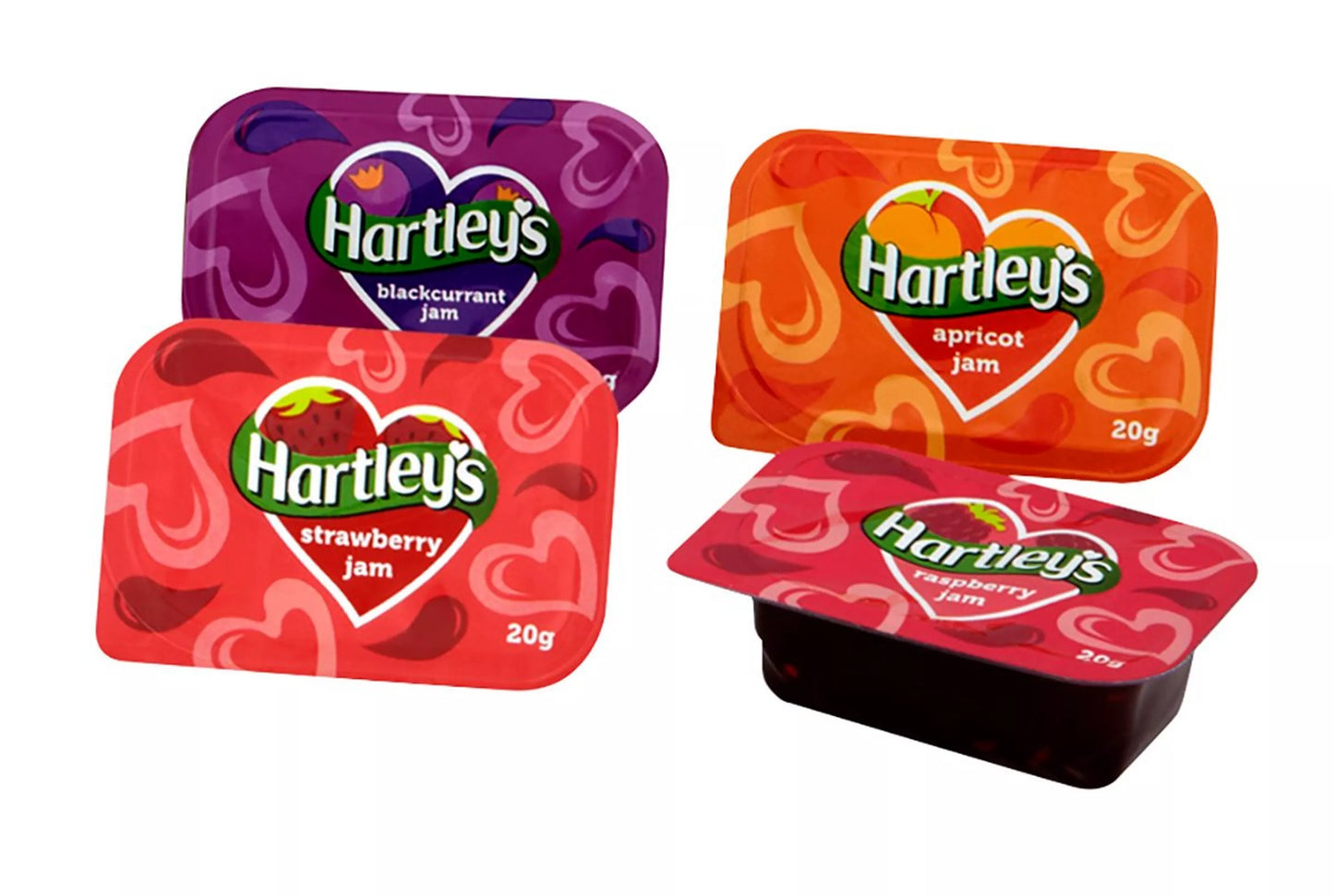 Mixed fruit jam portions including apricot raspberry and strawberry