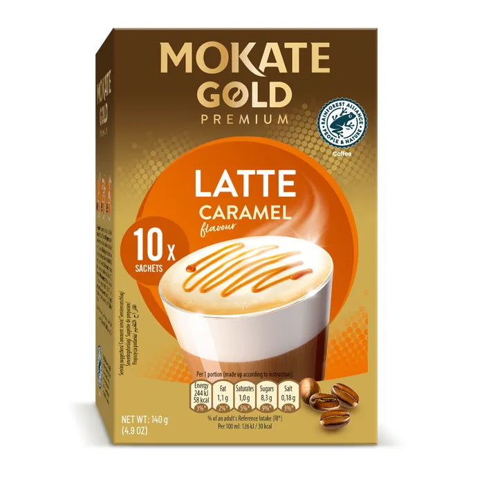 Mokate Gold Premium Caramel Latte sachets with smooth caramel flavour