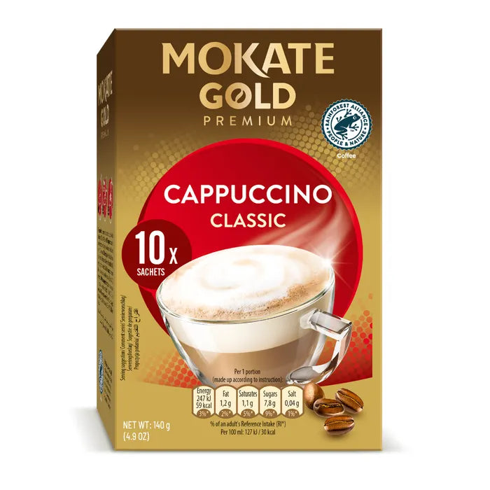 Mokate Gold Premium Cappuccino sachets for rich creamy instant coffee