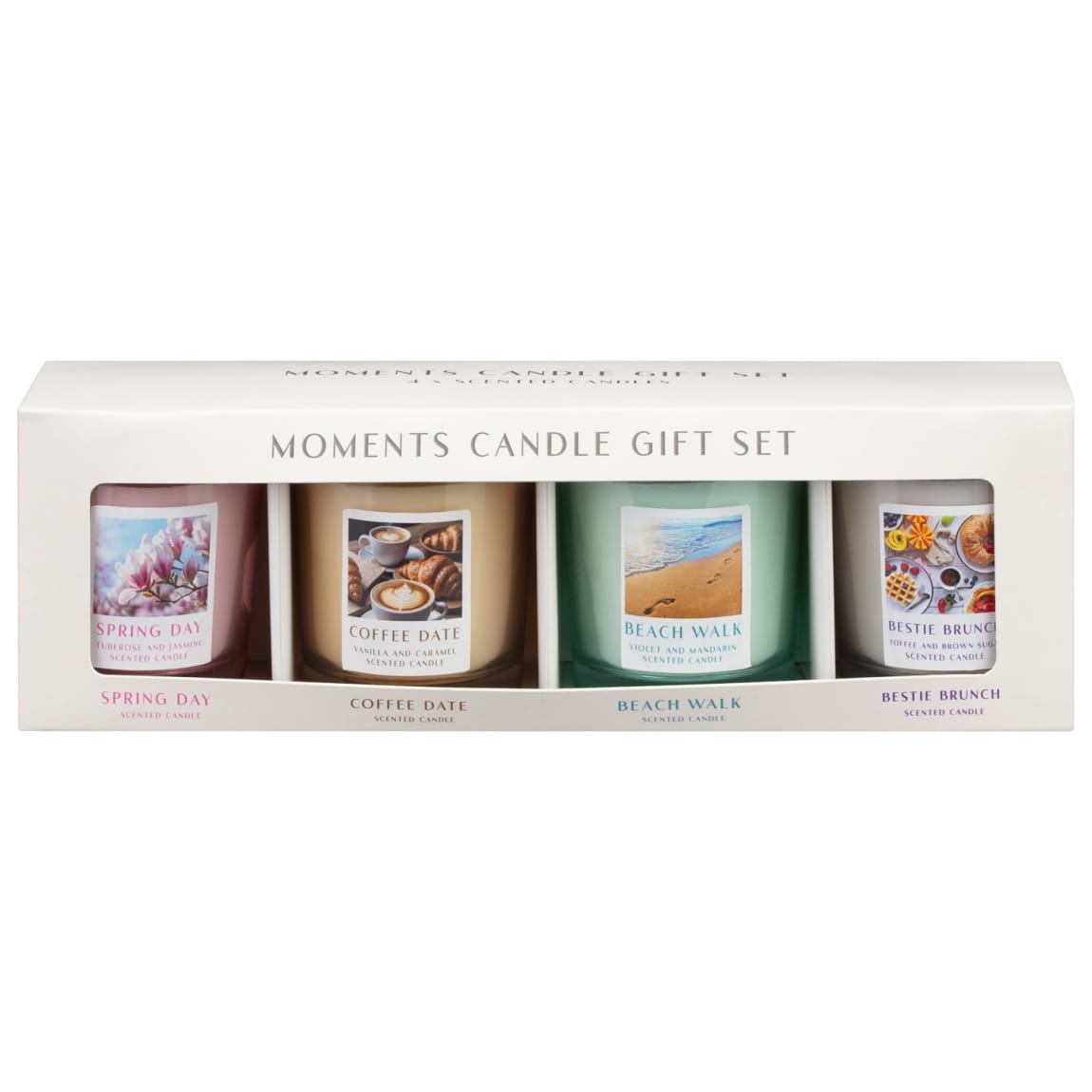 Moments Candle Gift Set 4pk with Spring Day, Coffee Date, Beach Walk & Bestie Brunch scents