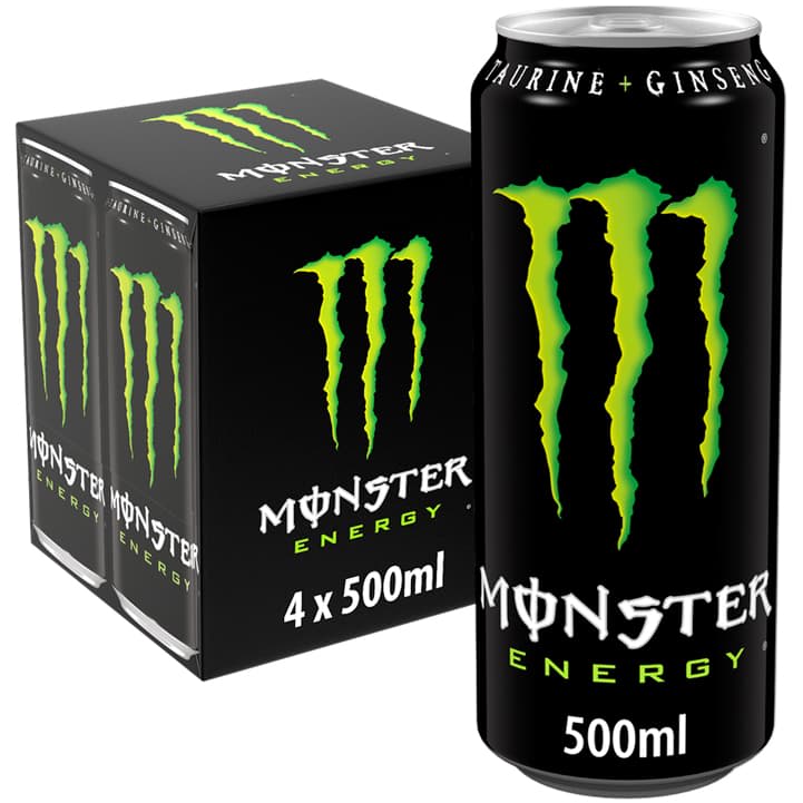 Monster Energy 4-pack cans for workouts, gaming, or work energy