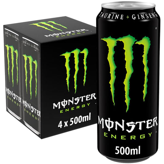Monster Energy 4-pack cans for workouts, gaming, or work energy
