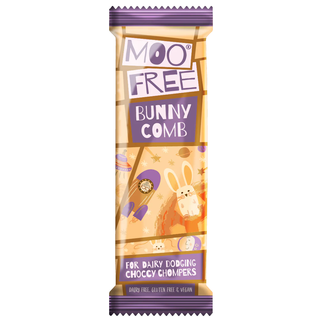 20-pack of Moo Free Bunnycomb dairy-free mini chocolate bars with crunchy honeycomb pieces