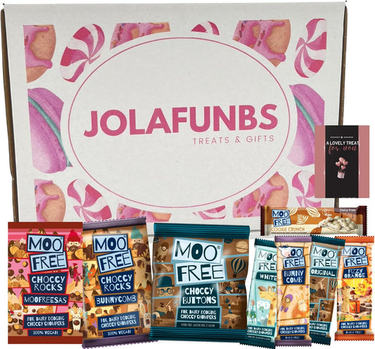 Moo Free chocolate gift hamper with dairy-free treats and cards