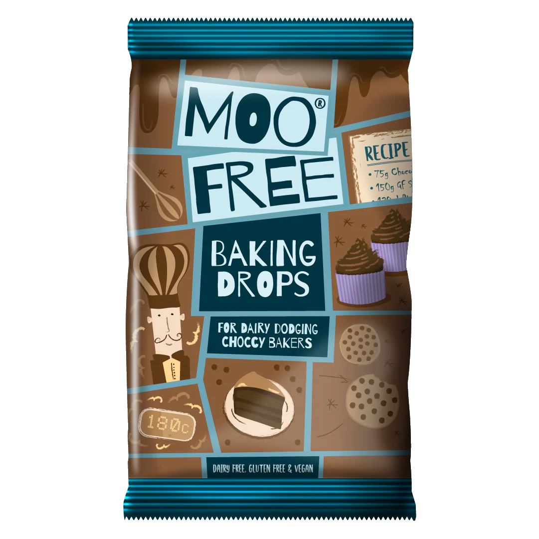 Moo Free vegan milk chocolate baking drops in 10 x 100g packs – dairy-free and gluten-free choc chips