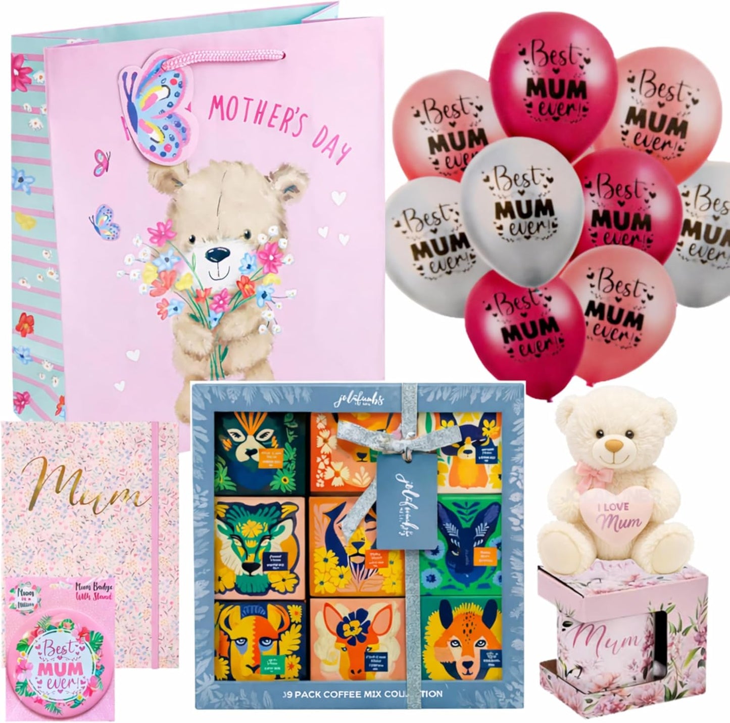 Mothers Day Gifts Hamper for Mum with coffee, teddy, mug, badge, and notebook