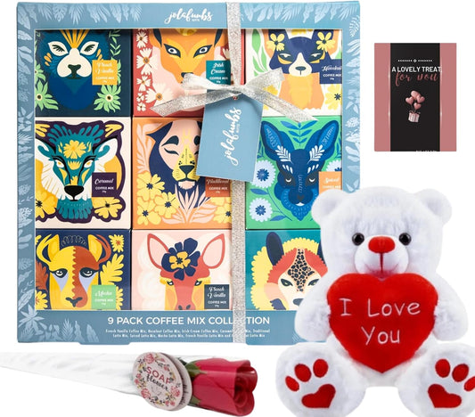 9-pack coffee gift set for Mum and Dad with teddy and card
