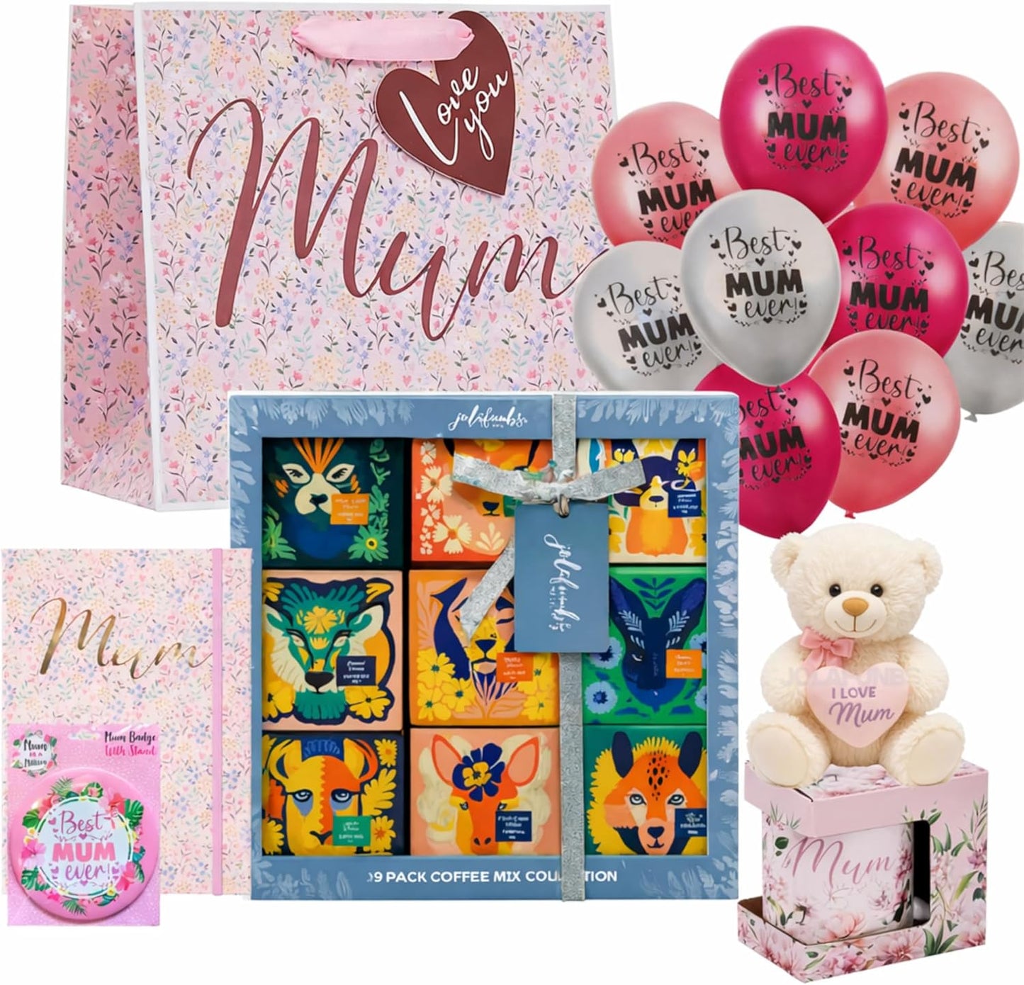 Mum Gift Hamper Set with Coffee Selection, Teddy, Floral Mug & Badge