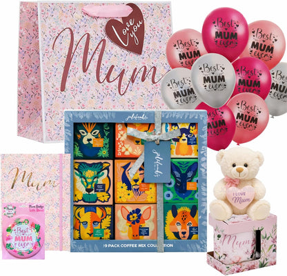 Mum Gift Hamper Set with Coffee Selection, Teddy, Floral Mug & Badge