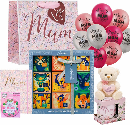 Mum Gift Hamper Set with Coffee Selection, Teddy, Floral Mug & Badge