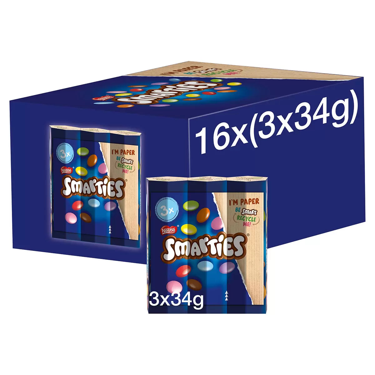 Nestle Smarties tubes 3 x 34g x 16 milk chocolate pack
