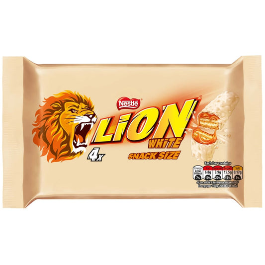 Nestle White Lion Bar 4pk with crispy wafer, chewy caramel, and crunchy cereals coated in smooth white chocolate