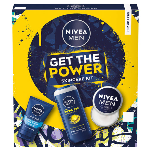 Nivea Men Get the Power Skincare Gift Set with shower gel, face wash, and creme
