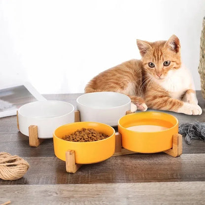 Yellow ceramic pet bowl no spill design wood stand feeder
