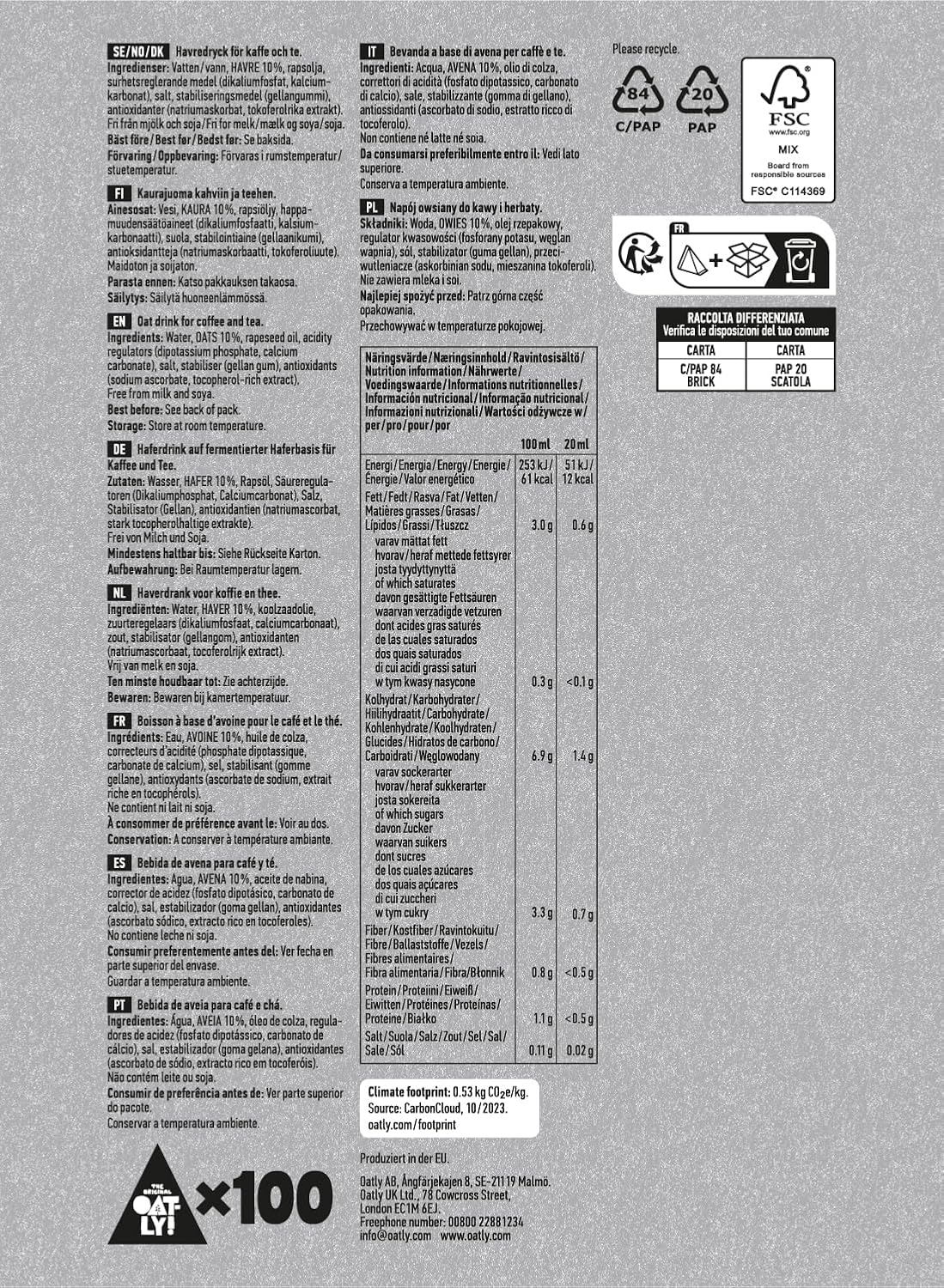 oatly oat drink 100 pack single serve cartons