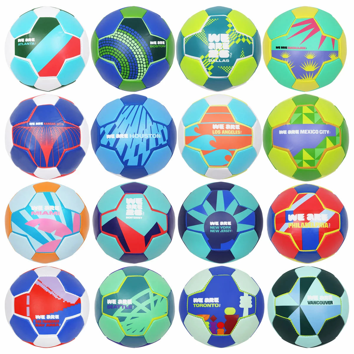 Collectible mini footballs representing all 2026 host cities