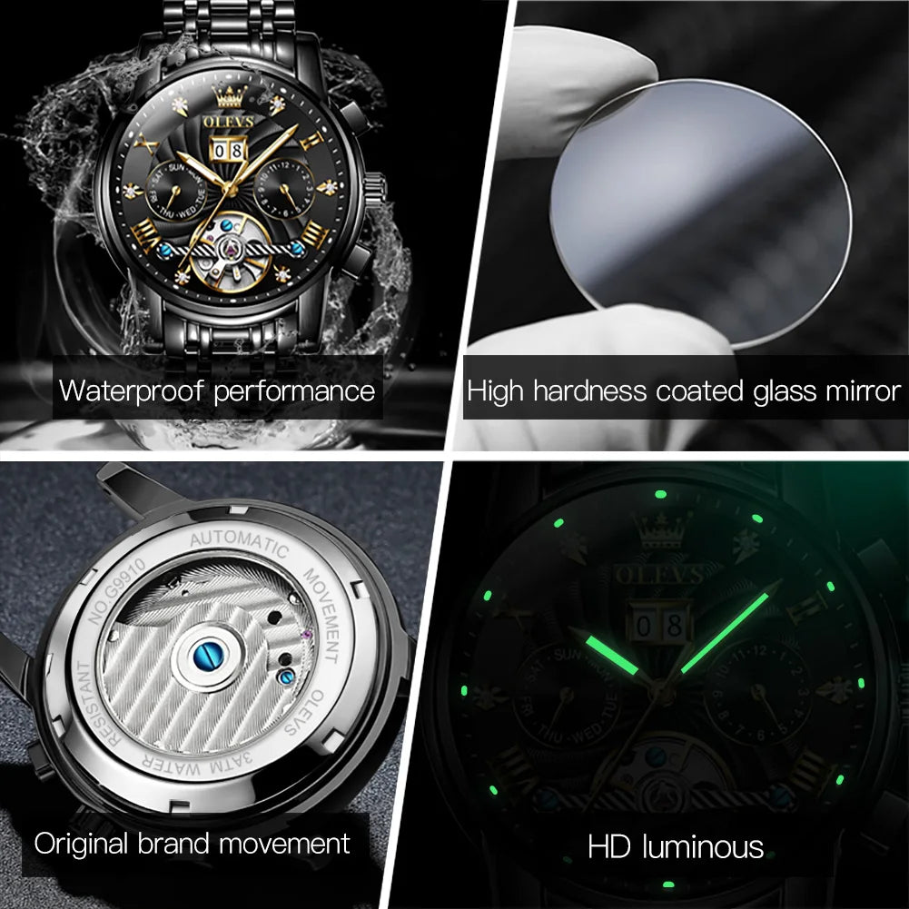 Olevs men's watch with skeleton dial design