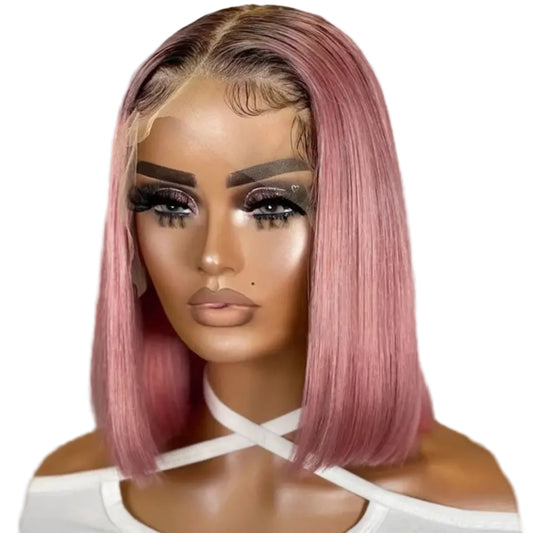 Ombre pink bob lace front human hair wig straight