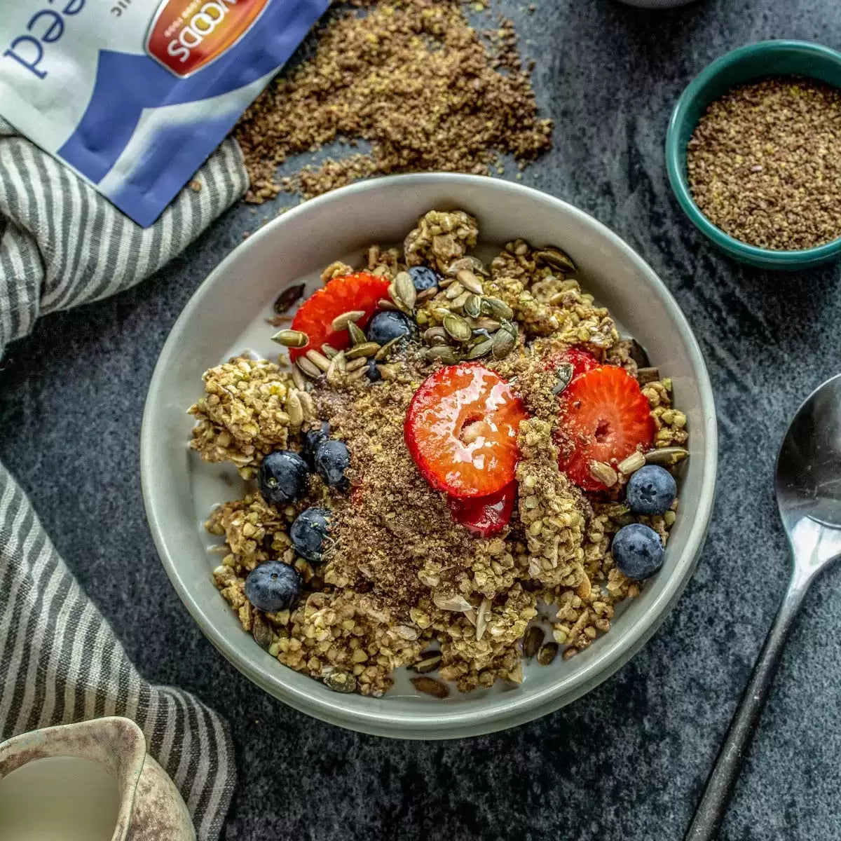 Milled organic flaxseed for smoothies, porridge, and baking