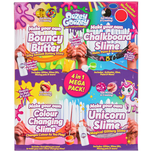Oozey Goozey 4 in 1 Slime Mega Pack – Bouncy Butter, Chalkboard, Colour Changing, and Unicorn Slimes