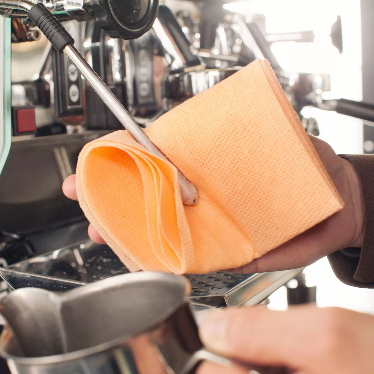 Orange barista towels for professional coffee preparation