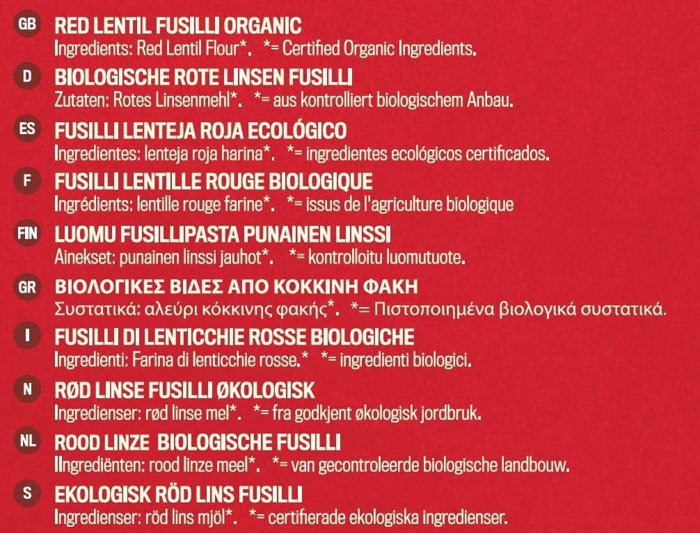 Lentil fusilli rich in fibre