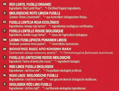 Lentil fusilli rich in fibre